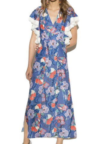 *Tory Burch Natalie Floral Short Pleated Ruffle Trim Sleeve V-Neck Midi Dress, Size 4