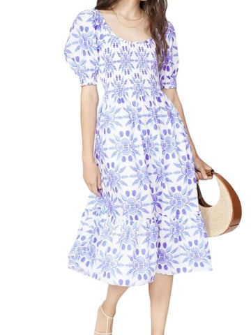 *Hill House Louisa Nap Cotton Shell Mosaic Puff Sleeve Scoop Neck Smocked Bodice Midi Dress, Size M