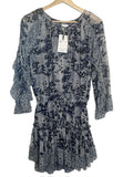 *MISA Gabriella Chiffon Floral Rufle Trim Elbow Sleeve Tie Split Neck Tiered Mini Dress, Size XS