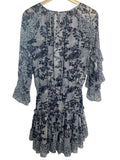 *MISA Gabriella Chiffon Floral Rufle Trim Elbow Sleeve Tie Split Neck Tiered Mini Dress, Size XS