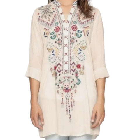 *Johnny Was Chayanna Georgette Embroidered 3/4 Sleeve Button Split Neck Tunic Top, Size L