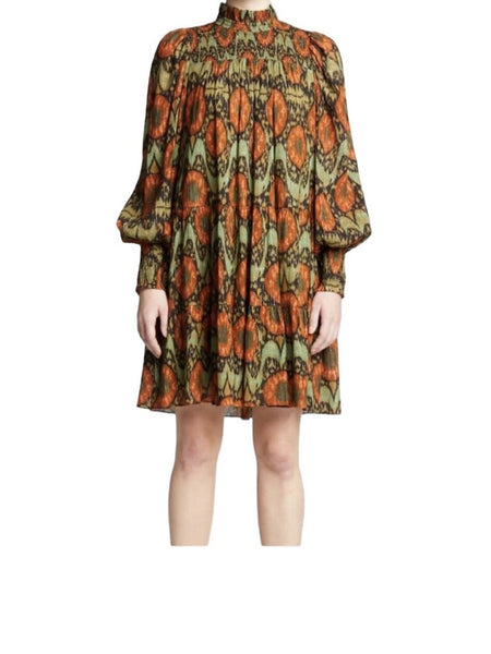 *Ulla Johnson Kamila Metallic Ikat Balloon Sleeve Smocked Ruffle Neck Mini Dress, Size 4 (S)