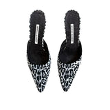 *Manolo Blahnik Textile Leopard Pointed Toe 2" Kitten Heel Mule Pumps, Size 39