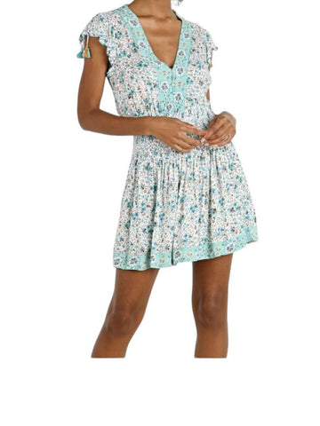 *Poupette St. Barth Rachel Floral Flutter Sleeve Tassel Shoulder V-Neck Smocked Mini Dress, Size S