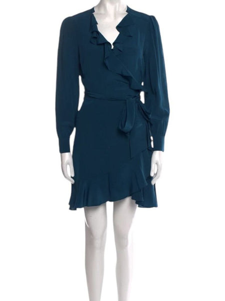 *Intermix Aviana Silk Long Sleeve Ruffle Trim Front Surplice Tie Wrap Mini Dress, Size 4