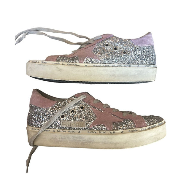 *Golden Goose Hi Star Suede & Glitter Sequin Low-Top 1" Flat Platform Sneakers, size 37