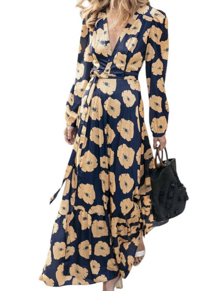 *Child of the Universe Bouquet Wrap Satin Floral Long Sleeve Surplice Tie Waist Maxi Dress, Size M