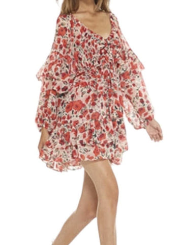 *MISA Asra Chiffon Floral Rufle Trim Balloon Sleeve On/Off Shoulder Smocked Bodice Mini Dress, Size M