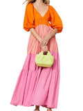 *Staud Runway Meadow Colorblock Puff Sleeve V-Neck Empire Tiered Maxi Tent Dress, Size S