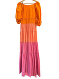 *Staud Runway Meadow Colorblock Puff Sleeve V-Neck Empire Tiered Maxi Tent Dress, Size S