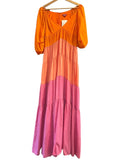 *Staud Runway Meadow Colorblock Puff Sleeve V-Neck Empire Tiered Maxi Tent Dress, Size S