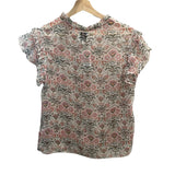 *MISA Basia Sheer Chiffon Blockprint Flutter Sleeve Tassel Tie Split Neck Top, Size XS