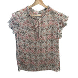 *MISA Basia Sheer Chiffon Blockprint Flutter Sleeve Tassel Tie Split Neck Top, Size XS