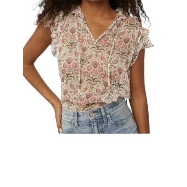 *MISA Basia Sheer Chiffon Blockprint Flutter Sleeve Tassel Tie Split Neck Top, Size XS