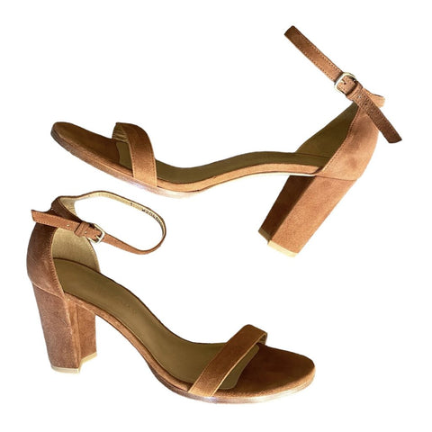 *Stuart Weitzman Nearly Nude Suede Leather Single Strap Ankle Strap Block Heel Sandals, Size 9