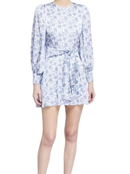 *Alice + Olivia Molli Satin Floral Stripe Print Long Sleeve Round Neck Tie Waist Mini Dress, Size 2