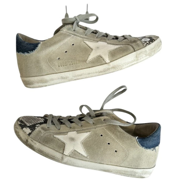 ^Golden Goose Superstar Suede Denim Heel Cap Snake Toe Low-Top Sneakers, Size 37