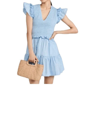 *Sea NY Phoebe Cotton Poplin Ruffle Trim Flutter Sleeve Smocked V-Neck Flounce Hem Mini Dress, Size 6