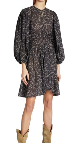 ^Isabel Marant Etoile Marili Cotton Floral 3/4 Balloon Sleeve Split Neck Ruched Front Midi Dress, Size FR36=4
