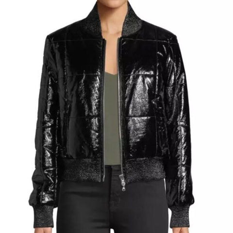 *Veronica Beard Malin Quilted Patent Faux Leather Zip-Up Cropped Bomber Jacket, Size S