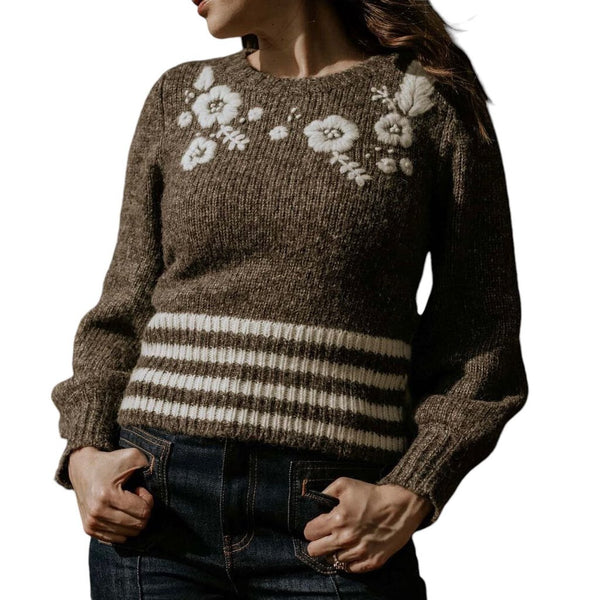 *St. Roche Juniper Alpaca & Cotton Knit Stripe Embroidered Flowers Crew Neck Sweater, Size S