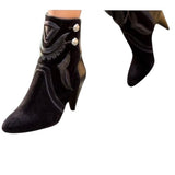 *Isabel Marant Lola Western Suede & Leather Applique Cone Heel Ankle Boots Booties w/Box, Size 38