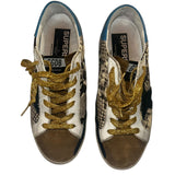 *Golden Goose Superstar Suede & Snake Leather Blue Heel Cap Gold Laces Black Star Sneakers, Size 37