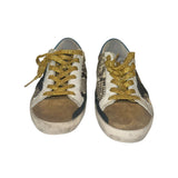 *Golden Goose Superstar Suede & Snake Leather Blue Heel Cap Gold Laces Black Star Sneakers, Size 37