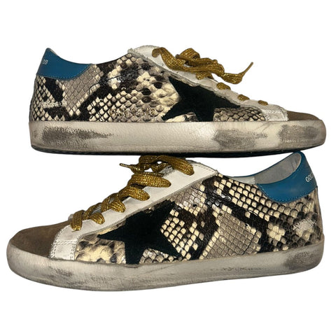 *Golden Goose Superstar Suede & Snake Leather Blue Heel Cap Gold Laces Black Star Sneakers, Size 37