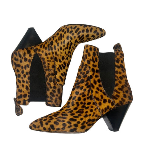 *Veronica Beard Landon Calf Hair Leopard Pointed Toe 2" Cone Heel Low Shaft Boots, Size 37.5