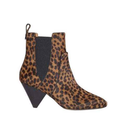 *Veronica Beard Landon Calf Hair Leopard Pointed Toe 2" Cone Heel Low Shaft Boots, Size 37.5