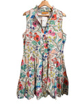 *Oliphant Yoke Dress Zinnia Cotton Poplin Floral Sleeveless Ruffle Split Neck Tiered Mini Dress, Size L