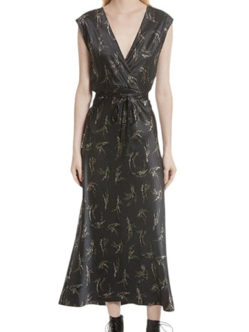 *Vince Silk Floral Sleeveless Faux Wrap Surplice V-Back Tie Waist Midi Slip Dress, Size S