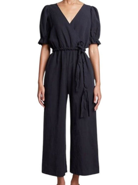 *Apiece Apart Chabrol Linen Blend Puff Sleeve Surplice Braided Belt Wide Leg Cropped Jumpsuit, Size 2