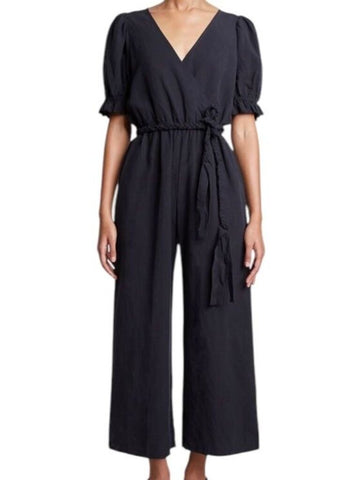 *Apiece Apart Chabrol Linen Blend Puff Sleeve Surplice Braided Belt Wide Leg Cropped Jumpsuit, Size 2