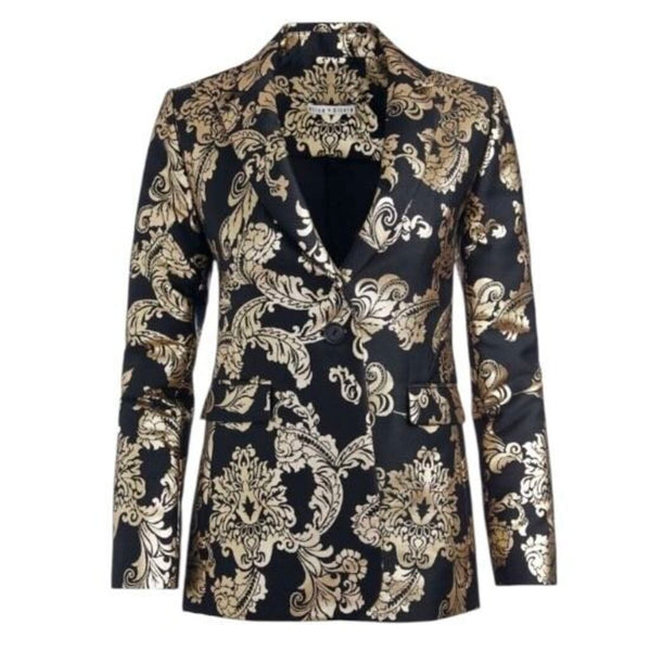 *Alice + Oliva Macey Metallic Jacquard Notch Lapel One Button Slim Cut Blazer, Size 4