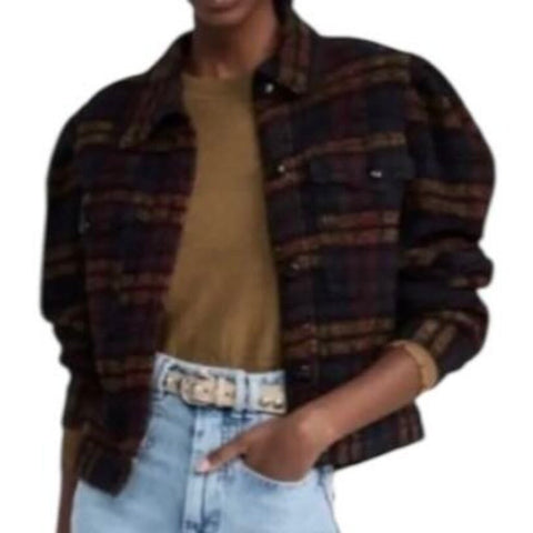 *Isabel Marant Etoile Leiko Wool Blend Tweed Plaid Long Puff Sleeve Button-Up Trucker Jacket, Size FR38=6