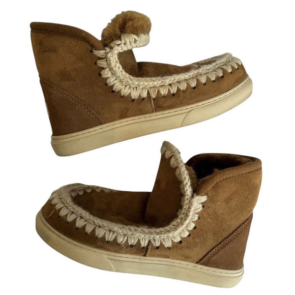 ^Mou Eskimo Sneaker Suede Shearling Wool Whipstitched Fold Over Cuff Booties, Size 37