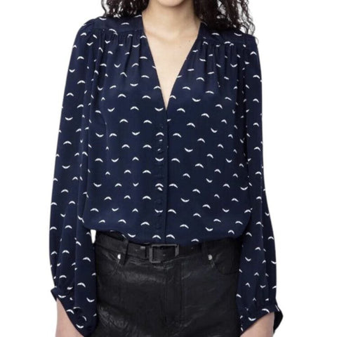 ^Zadig & Voltaire Turin Polka Wings Silk Balloon Sleeve V-Neck Button-Up Top, Size XS