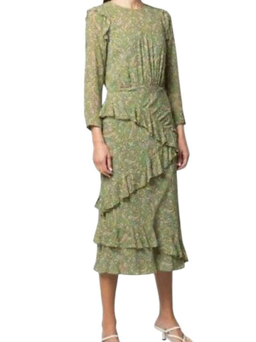 *Veronica Beard Tenise Silk Paisley 3/4 Sleeve Round Neck Ruffle Trim Midi Dress w/Slip, Size 4