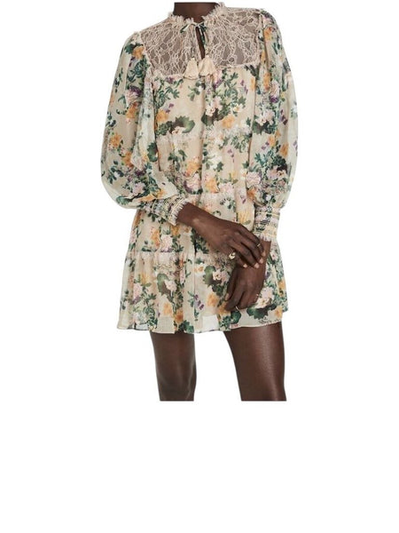 *Alice + Olivia Marcie Chiffon & Lace Floral Long Sleeve Tie Split Neck Tiered Mini Dress, Size M