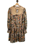 *Alice + Olivia Marcie Chiffon & Lace Floral Long Sleeve Tie Split Neck Tiered Mini Dress, Size M