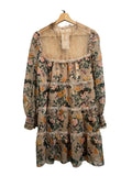 *Alice + Olivia Marcie Chiffon & Lace Floral Long Sleeve Tie Split Neck Tiered Mini Dress, Size M