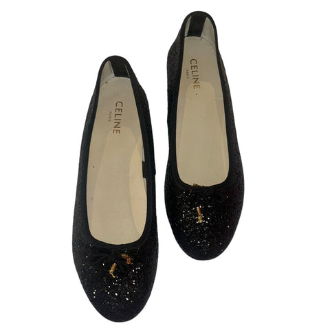 *Celine Les Ballerines Glitter Leather Charm Bow Trim Round Toe Ballet Flats w/Box, Size 40