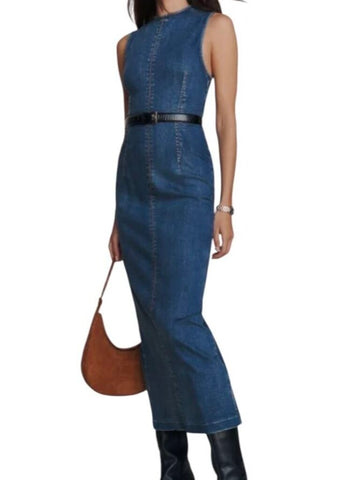 *Reformation Kendi Cotton Denim Sleeveless Round Neck Back Slit Sheath Midi Dress, Size 8