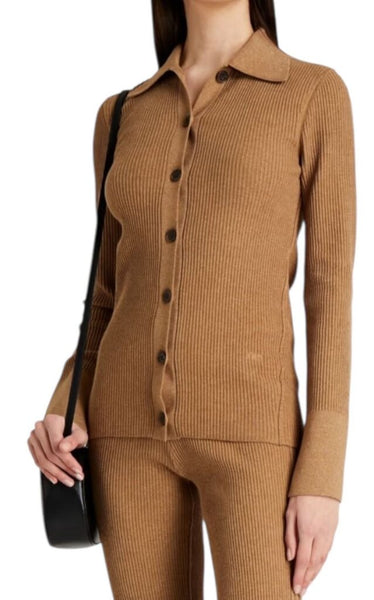 *FRAME Cotton Blend Slim Ribbed Knit Collared Button-Up Cardigan Sweater, Size M