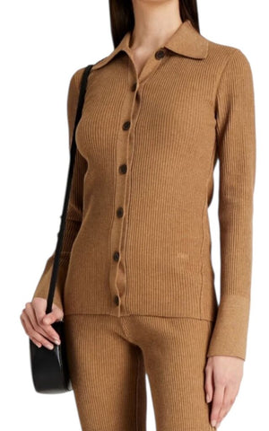 ^FRAME Cotton Blend Slim Ribbed Knit Collared Button-Up Cardigan Sweater, Size M