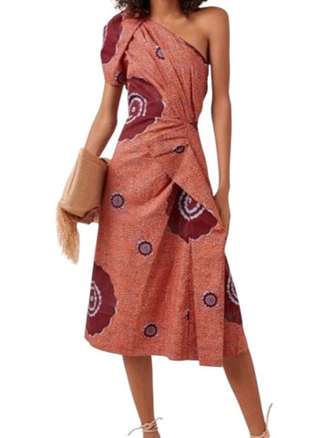 *Ulla Johnson Idra Cotton Sanddollar One Shoulder Puff Sleeve Draped Midi Dress, Size 0