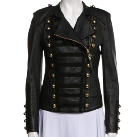 *Boda Skins Napoleon Leather & Suede Patch Sleeve Silver Studs Sgt. Pepper Jacket, Size UK12 (US8)