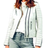 *Boda Skins Kay Michaels Leather Quilted Asymmetric Zipper Moto Biker Jacket, Size UK10 (US6)